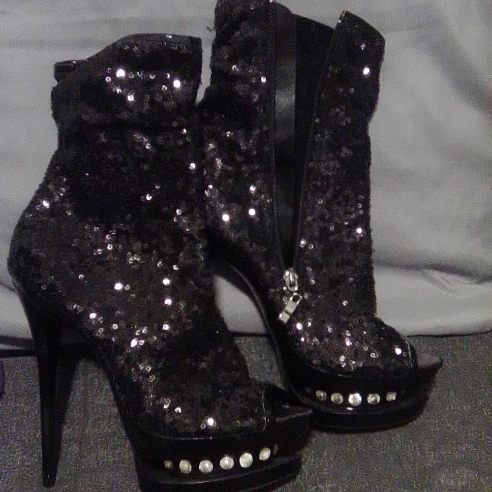Pleaser Black Sequin Heeled Boots